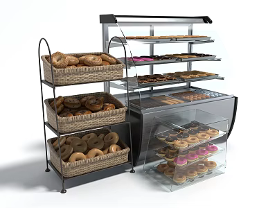 Bakery Display Shelves with Glass Doors and Multiple Tiers for Donuts Bagels and Baked Goods 3d model