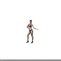 Woman in Bikini and High Heels Posing with Outstretched Arms Against Gray Background