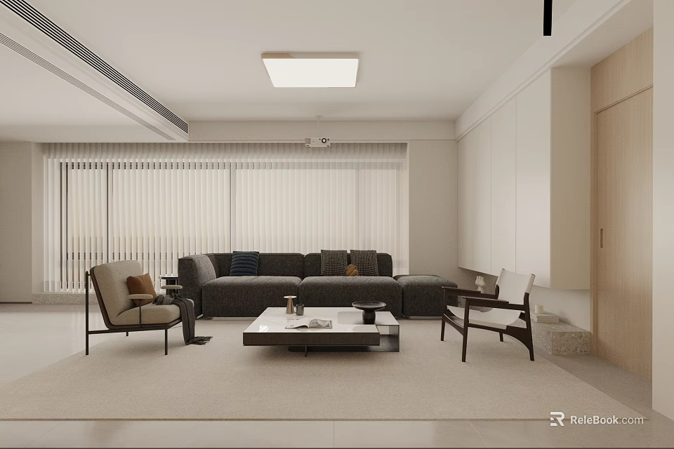 Soft Neutral Minimalist Living Room With Large Comfy Sofa Cozy Armchairs And Modern Interior Design 3d model 