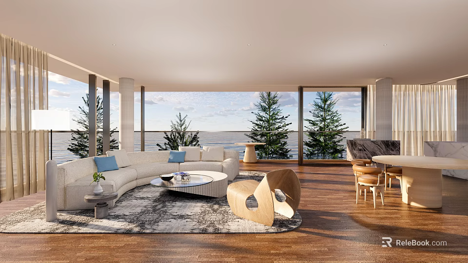 Bright Modern Living Dining Room Interior With Sea View Large Windows Sofa And Dining Table 3d model 