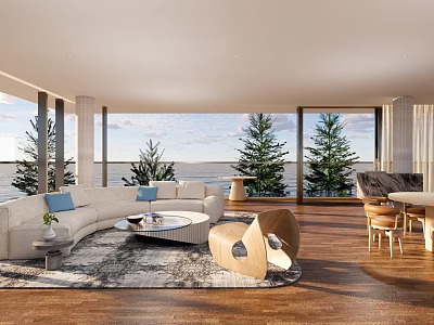 Bright Modern Living Dining Room Interior With Sea View Large Windows Sofa And Dining Table 3d model