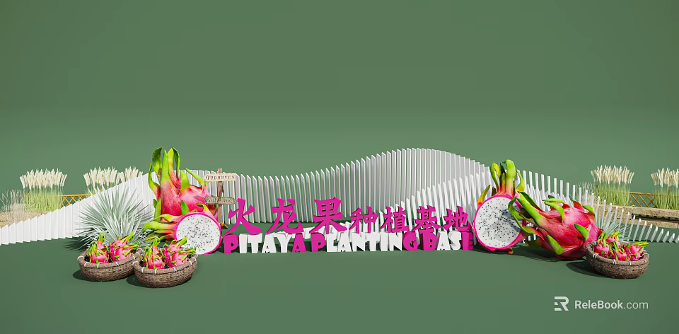 Fresh Dragon Fruit Display at Plantation with Baskets and Striped Backdrop 3d model