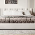 Modern Bedroom Interior With Wooden Wall Panels Light Curtains Upholstered Headboard And Abstract Circular Painting