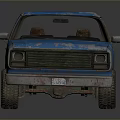 Worn Blue Pickup Truck with Rusty Body and Open Bed on Reflective Surface
