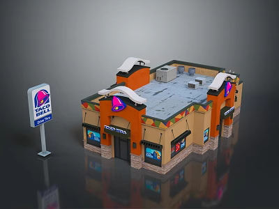 Cartoon Scene Of Orange Burger Restaurant Building With Best Burgers Sign And Colorful Decor 3d model