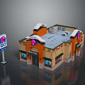 Cartoon Scene Of Orange Burger Restaurant Building With Best Burgers Sign And Colorful Decor