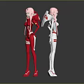 Two Pink Haired Characters in Red White Form Fitting Suits with Mechanical Details Gray Background