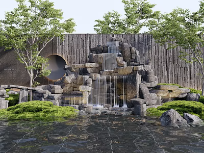 Garden Rock Waterfall Decorative Feature With Stones Green Plants Trees And Wooden Wall 3d model