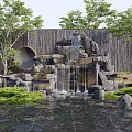 Garden Rock Waterfall Decorative Feature With Stones Green Plants Trees And Wooden Wall