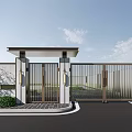 Modern Entrance Gate With Metal Sliding Design White Walls Greenery And Driveway