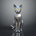Shiny Silver Cat Sculpture With Glowing Yellow Eyes On Dark Surface