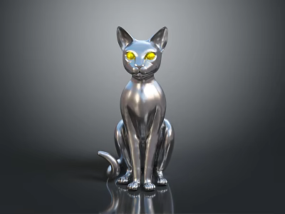 Shiny Silver Cat Sculpture With Glowing Yellow Eyes On Dark Surface 3d model