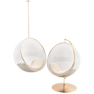 Modern Spherical Hanging Chairs Featuring Golden Frame And White Seat Design 3d model