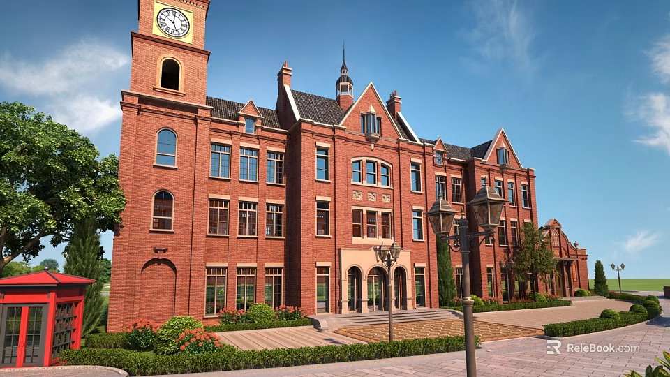 Garden Landscape with Red Brick Building Clock Tower Spire Lamp Posts and Neat Pathways 3d model 