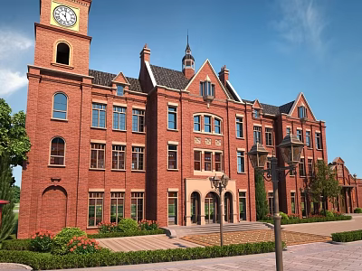 Garden Landscape with Red Brick Building Clock Tower Spire Lamp Posts and Neat Pathways 3d model