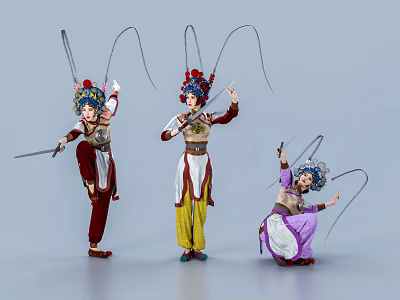 Women in Traditional Chinese Opera Costumes With Headpieces And Long Whips In Performing Poses 3d model