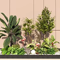 Lush Indoor Landscape With Various Green Plants Flamingo Decor White Spherical Ornaments And Beige Wall