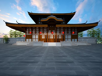 Ancient Chinese Architecture With Tiered Roof Wooden Structure Red Lanterns And Sunset Sky 3d model