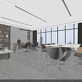 Modern Office Interior Design With Open Layout Large Windows Conference Table Sofa And Bookshelves 3d model