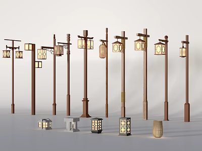 Outdoor Lights With Various Designs Including Post Style And Small Sized Wooden Lamps Featuring Patterned Shades 3d model