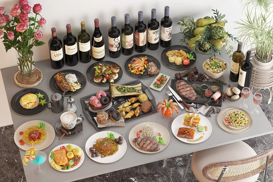 Delicious Assorted Food Dishes with Red Wine Bottles Fresh Fruits and Floral Decor 3d model 