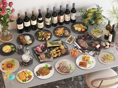 Delicious Assorted Food Dishes with Red Wine Bottles Fresh Fruits and Floral Decor 3d model