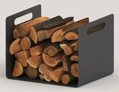 Natural Wood Logs Stored In Black Metal Basket For Firewood Storage 3d model