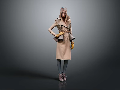 Stylish Woman In Beige Trench Coat With Yellow Gloves Standing Against Gray Background 3d model