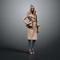 Stylish Woman In Beige Trench Coat With Yellow Gloves Standing Against Gray Background