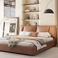 Modern Bedroom Interior Design With Brown Leather Bed Pillows Shelves And Floor Lamp