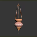 Traditional Hanging Lighting Combination With Carved Pink Metal Shades And Decorative Chains