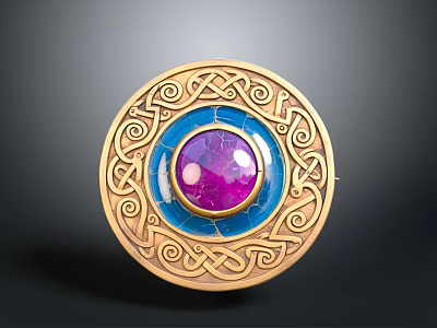 Elegant Circular Decorative Accessory With Golden Intricate Patterns Blue Center And Purple Gemstone 3d model