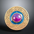 Elegant Circular Decorative Accessory With Golden Intricate Patterns Blue Center And Purple Gemstone