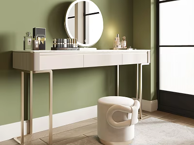 Modern White Dressing Table With Round Mirror And Metal Legs Against Green Wall 3d model