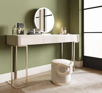 Modern White Dressing Table With Round Mirror And Metal Legs Against Green Wall 3d model