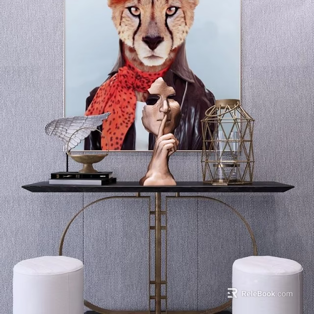 Elegant Console Table With Lion Artwork Sculpture And Decorative Vase 3d model 
