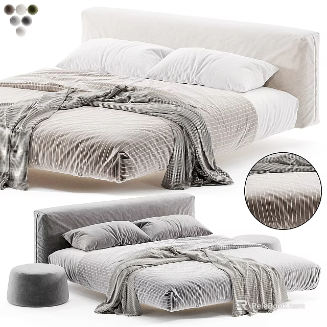 Double Bed With Gray Striped Bedding White Pillows And Textured Fabric Detail 3d model 