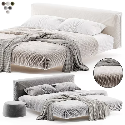 Double Bed With Gray Striped Bedding White Pillows And Textured Fabric Detail 3d model