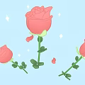 Cartoon Pink Roses with Green Stems Leaves Scattered Petals Shining Stars on Light Blue Background