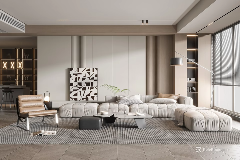 Modern Living Room Interior With Linen Sofa Accent Chair Geometric Wall Art And Area Rug 3d model 