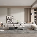Modern Living Room Interior With Linen Sofa Accent Chair Geometric Wall Art And Area Rug