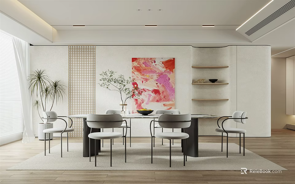 Elegant Modern Dining Room Interior With Open Design Dining Table Chairs Artwork And Green Plants 3d model