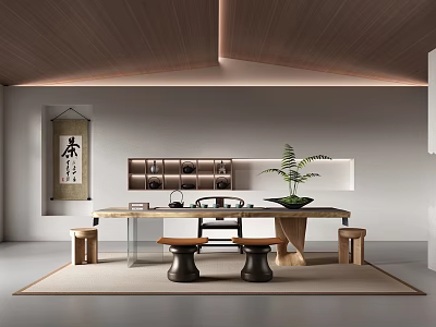 Minimalist Tea Room Interior Featuring Wooden Ceiling Tea Table Tea Sets Green Plant And Hanging Scroll 3d model
