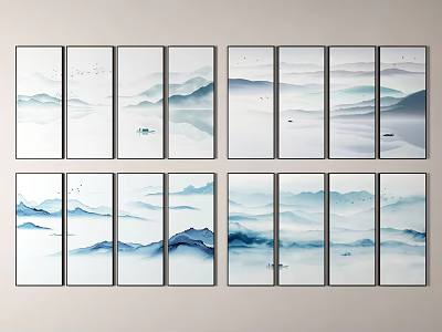 Modern Ink Wash Landscape Paintings With Blue White Tones Mountains Water And Small Boats 3d model