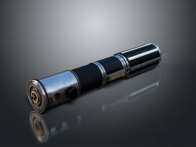 Sci Fi Detailed Metallic Weapon With Silver Black Cylindrical Design And Shiny Glowing Surface 3d model