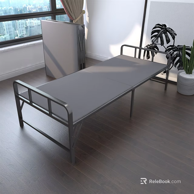 Foldable Bed With Metal Frame And Gray Mattress In Room With Window And Plant 3d model 