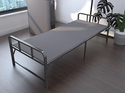 Foldable Bed With Metal Frame And Gray Mattress In Room With Window And Plant 3d model