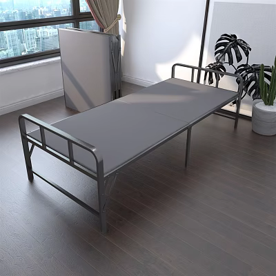 Foldable Bed With Metal Frame And Gray Mattress In Room With Window And Plant 3d model