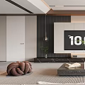 Modern Living Room Interior With TV Wall Coffee Table Beige Sofa And Plants