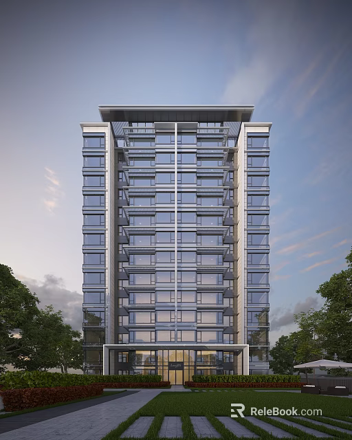 Modern High Rise Residential Building With Glass Facade And Green Trees 3d model 